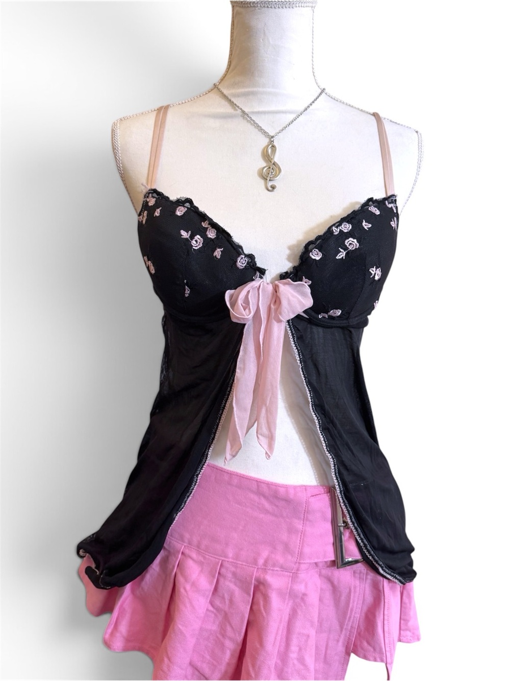 ROSE EMBROIDERED Y2K CAMISOLE SHEER TOP PINK BOW 🎀 🖤